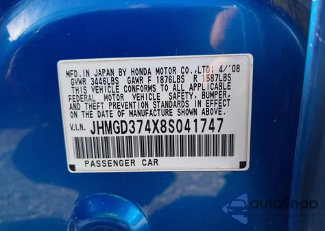 2008 Honda Fit from USA, damaged, VIN JHMGD374X8S041747